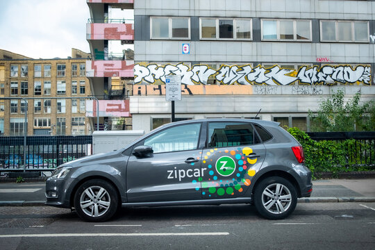 LONDON-  Zipcar  parked on east London street- an American car-sharing company and a subsidiary of Avis Budget Group