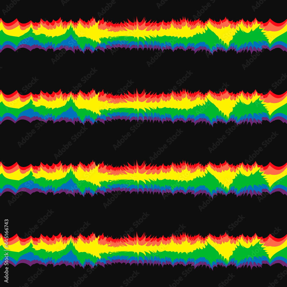 Poster spiky and seamless rainbow. vector colorful stripes. black background and rainbow rough lines.