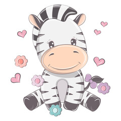 Vector images of a zebra in kawaii style. The cartoon character is made for a kids group of goods. The funny animal smiles cutely. Animal isolated on white background. 
