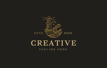 Lighthouse Waves Logo Design Template. Lighthouse ocean wave waves Symbol Icon Line Art Vector