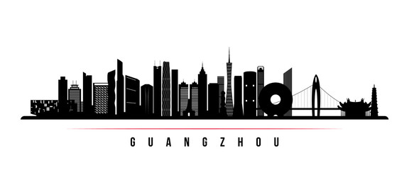 Guangzhou skyline horizontal banner. Black and white silhouette of Guangzhou, China. Vector template for your design.