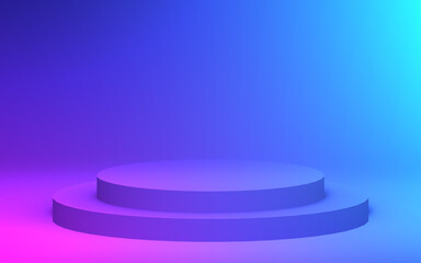 3d purple blue neon light cylinder podium minimal studio gradient dark colors background. Abstract 3d geometric shape object illustration render. Display for nightclub party and technology product.