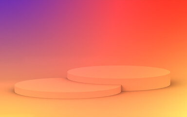 3d yellow orange and purple neon light cylinder podium minimal studio gradient colors background. Abstract 3d geometric shape object illustration render. Display for summer holiday product.