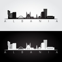 Naklejka premium Albania skyline and landmarks silhouette, black and white design, vector illustration.