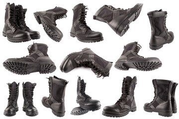 set of new black lightweight military boots isolated on white background, in different views 