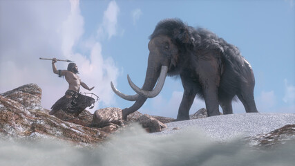 an ancient primitive caveman hunts a mammoth 3d render - obrazy, fototapety, plakaty