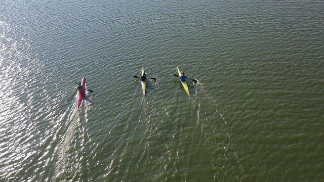 People Kayaking on River. Center for Sports Training in Kayaking and Canoeing. Athletes in Training, City Rowing Canal. Kayak Water Sports. People Boating on River. View from above. Drone shooting 