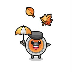 cartoon of the cute loudspeaker holding an umbrella in autumn
