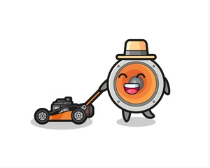 illustration of the loudspeaker character using lawn mower
