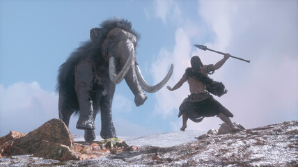 an ancient primitive caveman hunts a mammoth 3d render