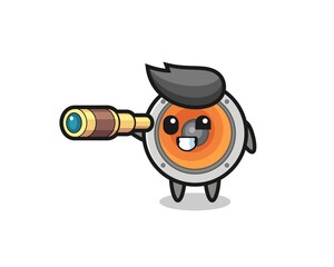 cute loudspeaker character is holding an old telescope