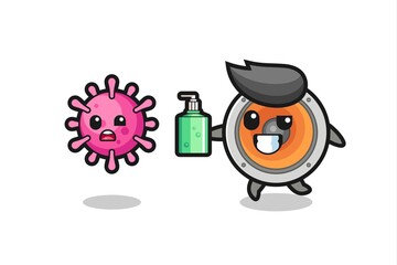 illustration of loudspeaker character chasing evil virus with hand sanitizer