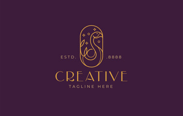 Flamingo line Logo Design Template. Flamingo in Oval Symbol Icon Line Art Vector