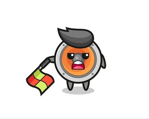 loudspeaker character as line judge hold the flag down at a 45 degree angle