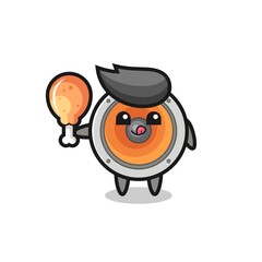 loudspeaker cute mascot is eating a fried chicken