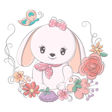 Bunny in cartoon style isolated on white background. The images are made for children's products, as well as perfect for children's parties. The animal illustration smiles sweetly and has beautiful ey