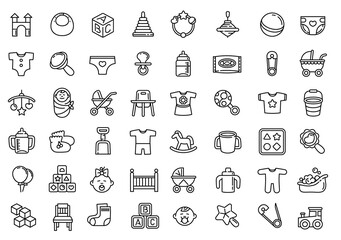 Baby items icons set. Outline set of baby items vector icons for web design isolated on white background