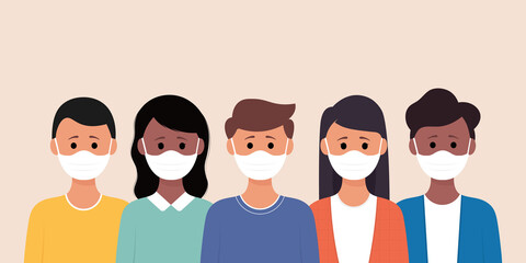 Fototapeta premium Group of people wearing medical mask to prevent from corona virus.vector illustration in a flat style