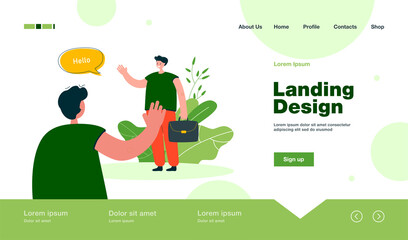 Coworkers greeting at work or street. Male character with briefcase waving at man flat vector illustration. Communication, friendship concept for banner, website design or landing web page