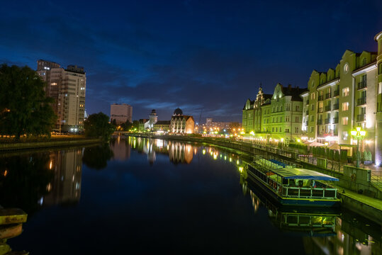 Russia, Kaliningrad 05 June 2021 Night photography. The moon is shining. The central part of the city of Kaliningrad.