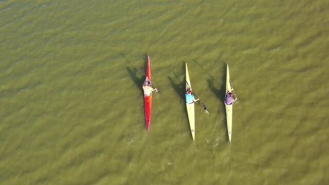 People Kayaking on River. Center for Sports Training in Kayaking and Canoeing. Athletes in Training, City Rowing Canal. Kayak Water Sports. People Boating on River. View from above. Drone shooting 