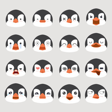 Cartoon penguins with face expression  set