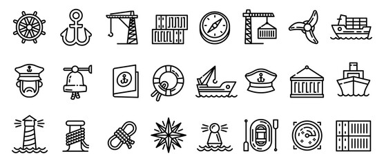 Marine port icons set. Outline set of marine port vector icons for web design isolated on white background