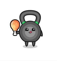 kettleball cute mascot is eating a fried chicken