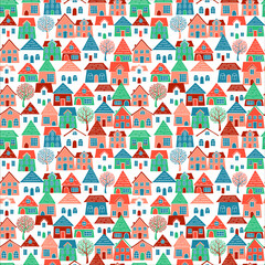 seamless geometric pattern with houses and trees
