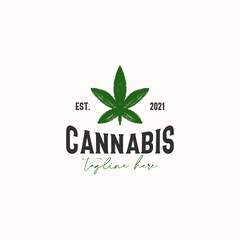 Cannabis Leaf Vintage Rustic Hipster Logo Template Isolated in White Background