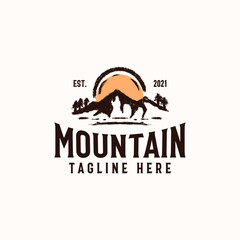 Vintage Sunrise Mountain Pine Tree Evergreen Tree for Outdoor Adventure Logo Design Template Isolated in White Background