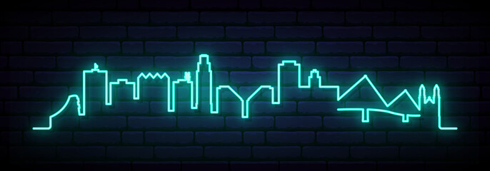 Blue neon skyline of Omaha. Bright Omaha City long banner. Vector illustration. - obrazy, fototapety, plakaty