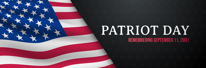 Patriot day horizontal banner. 911 day of remembrance of heroes. United states flag. Remembering September 11, 2001. Patriotic american elements, web header, card, banner and background.