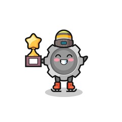 gear cartoon as an ice skating player hold winner trophy
