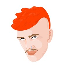 Man with white skin and a small brown beard. He is wearing a red irokese and a nose ring