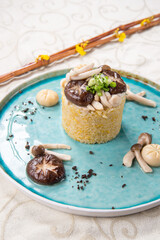 chinese banquet vegetable egg fried rice with assorted mushroom asian vegan halal menu in blue plate