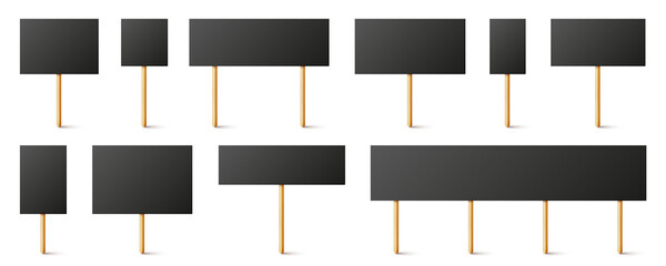 Blank black protest signs with wooden holder. Realistic vector demonstration banner. Strike action cardboard placard mockup.