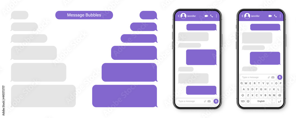 Wall mural realistic smartphone with messaging app. blank sms text frame. conversation chat screen with violet 