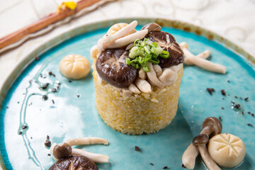 chinese banquet vegetable egg fried rice with assorted mushroom asian vegan halal menu in blue plate