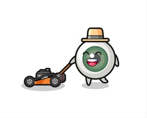 illustration of the eyeball character using lawn mower
