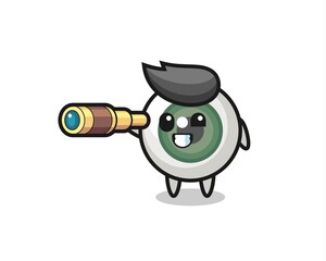 cute eyeball character is holding an old telescope
