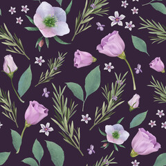 Adorable botanical seamless pattern with adorable realistic rose illustrations. Hand drawn botanic elements. Nature illustration for wrapping paper, textile, decorations.