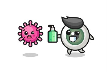 illustration of eyeball character chasing evil virus with hand sanitizer