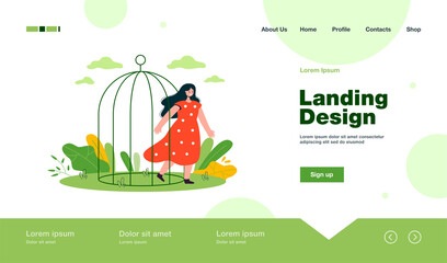 Fototapeta premium Happy woman leaving birdcage. Female cartoon coming out of cage, opening up flat vector illustration. Freedom, domestic violence, mental health concept for banner, website design or landing web page