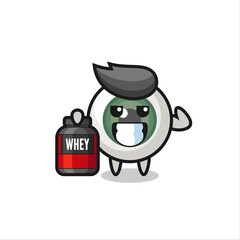 the muscular eyeball character is holding a protein supplement