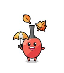 cartoon of the cute table tennis racket holding an umbrella in autumn