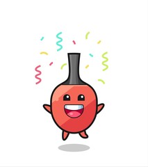 happy table tennis racket mascot jumping for congratulation with colour confetti