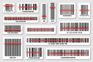 Set of product barcodes with red scanning line. Identification tracking code. Serial number, product ID with digital information. Store or supermarket scan labels, price tag. Vector illustration.