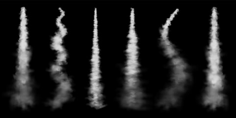 Realistic airplane condensation trails. Space rocket launch. Missile or bullet trail. Jet aircraft tracks. White smoke clouds, fog. Steam flow. Vector illustration.