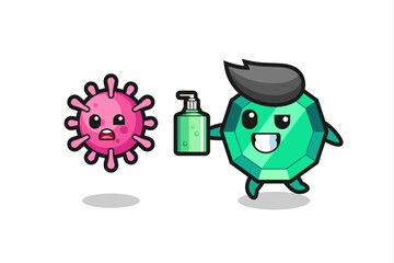 illustration of emerald gemstone character chasing evil virus with hand sanitizer